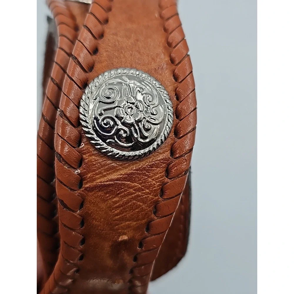 Vintage Western Brown Leather Belt Silver Conchos Ornate Buckle 38-42